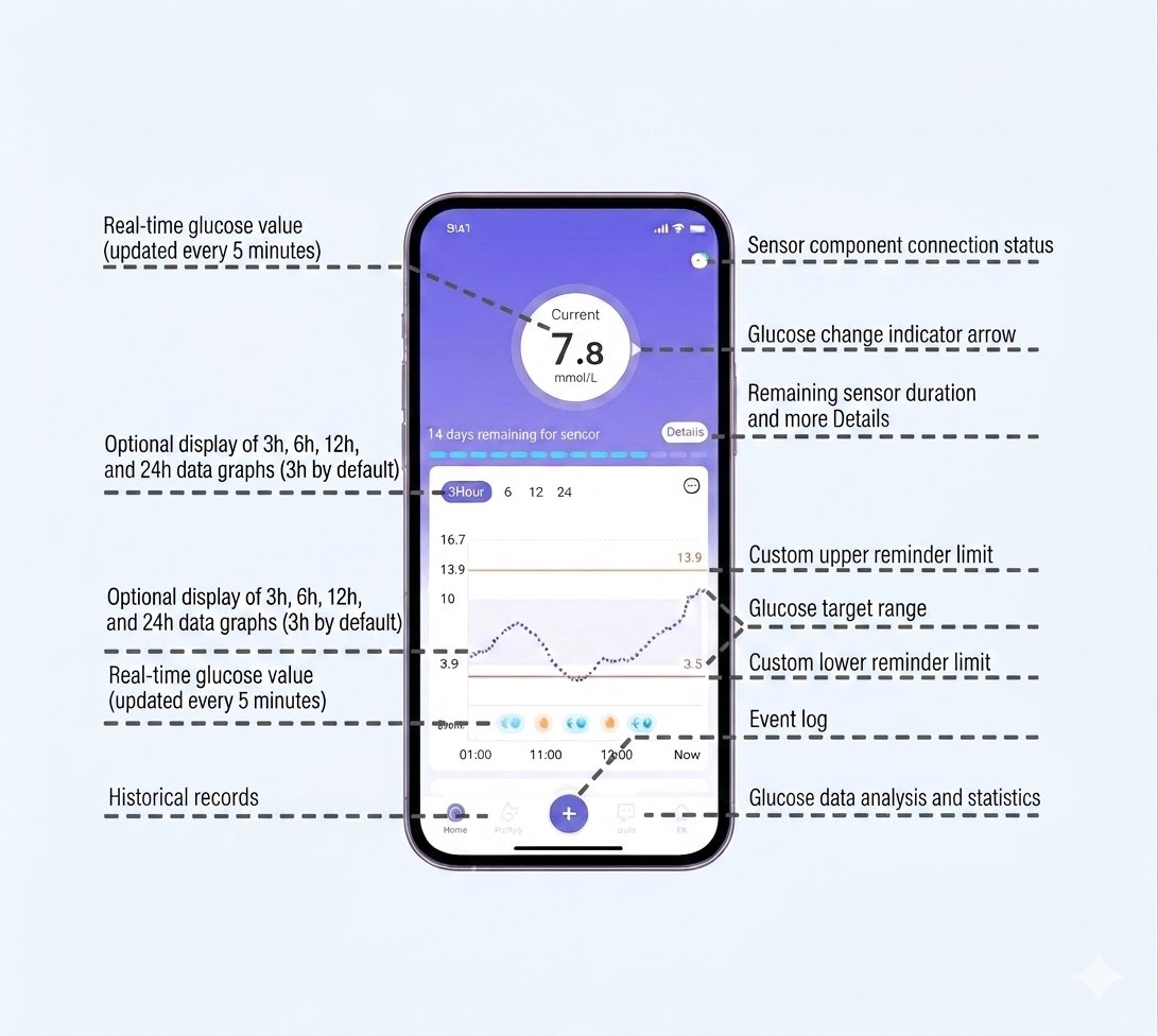 Annotated overview of the EverCheck CGM patient app on a smartphone. Labels highlight: real-time glucose value (updated every 5 minutes) showing 7.8 mmol/L with trend arrow; sensor component connection status; glucose change indicator arrow; remaining sensor duration and details; optional display of 3h/6h/12h/24h data graphs (3h by default); custom upper and lower reminder limits; glucose target range; event log; historical records; and glucose data analysis and statistics.
