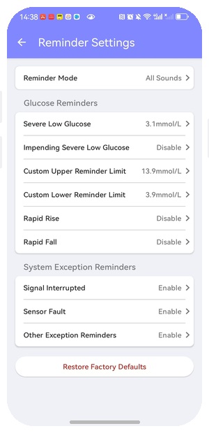 EverCheck CGM app glucose alert customization screen