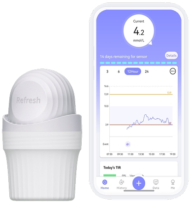 EverCheck continuous glucose monitoring system with mobile app showing real-time glucose data